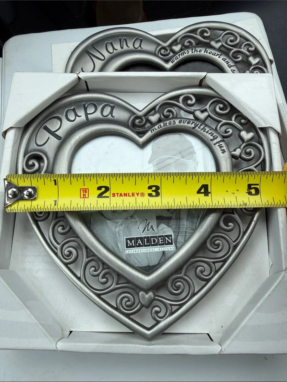Malden Silver Heart Frames (2) with 'Papa' and 'Nana' Scrollwork